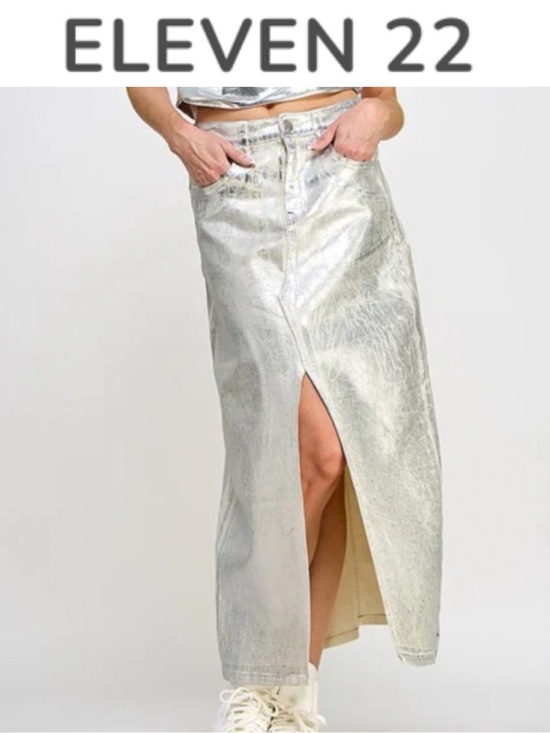 Eleven22 Dresses & Skirts - ELEVEN22 SILVER METTALIC COATED DENIM MAXI SKIRT HIGH SLIT Y2K FUTURISTIC GLAM